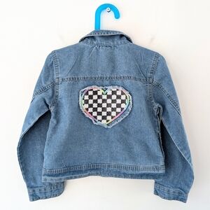 Vince Camuto Girls Denim Jacket Size 6X | Checkered Rainbow Heart Patch